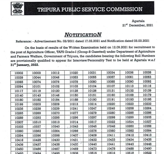 Tpsc Agriculture Officer Result 2021