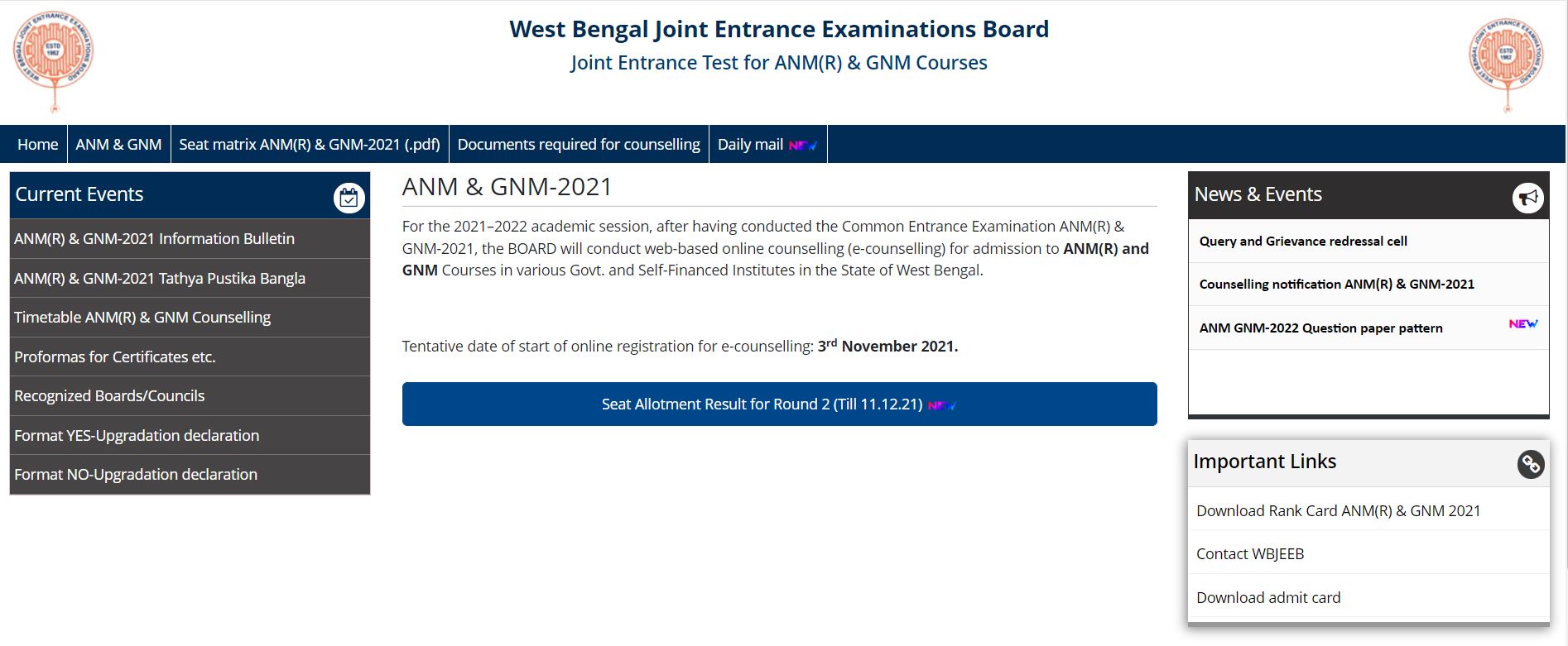 WBJEE ANM GNM 2nd Round Seat Allotment Result 2021 