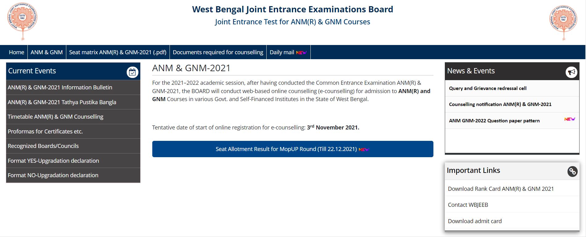WBJEE Mop UP Seat Allotment Result 2021