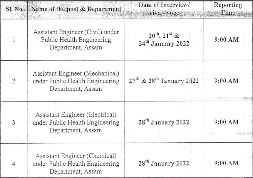 APSC Assistant Engineer Interview Schedule 2022