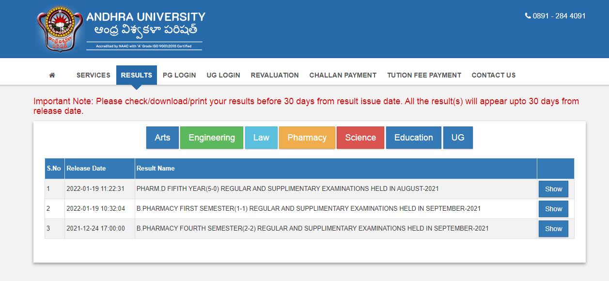 Andhra University Pharmacy Results 2021