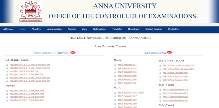 Anna University exam timetable