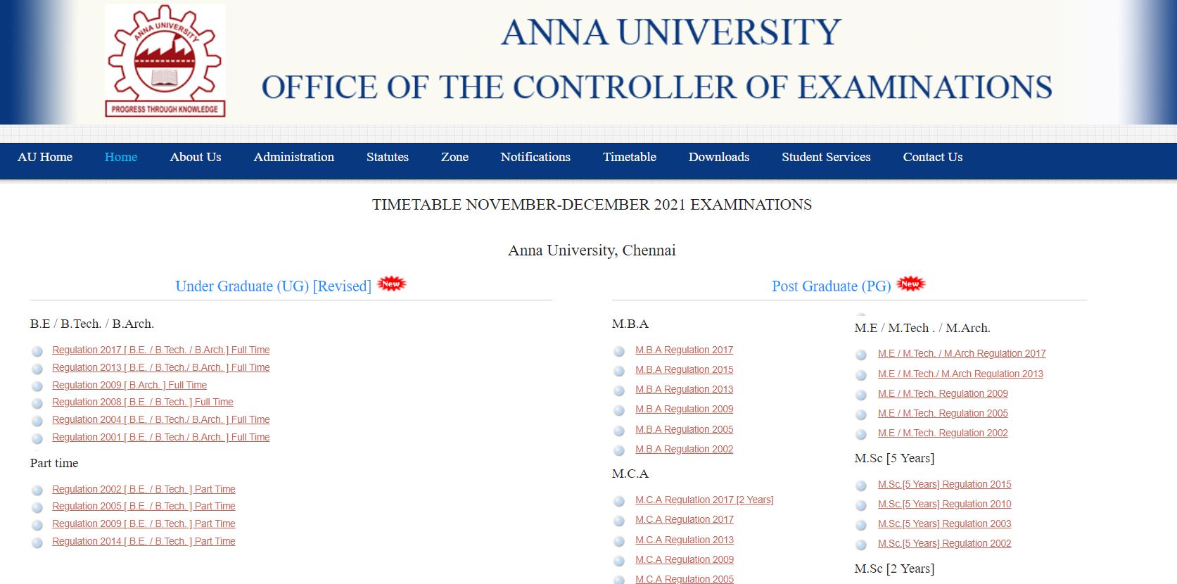 Anna University exam timetable