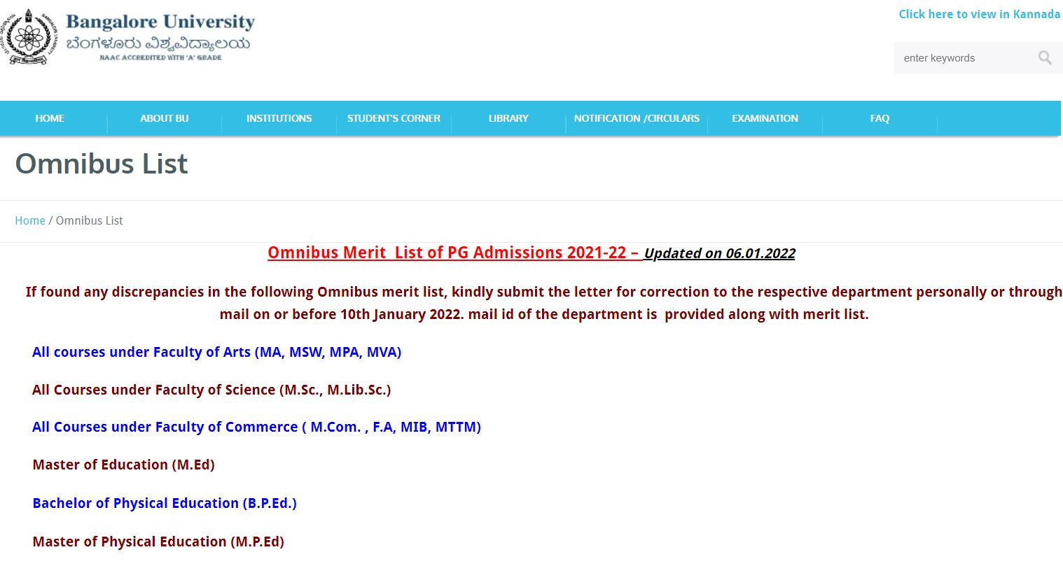 Bangalore University PG Admission Merit List 2021