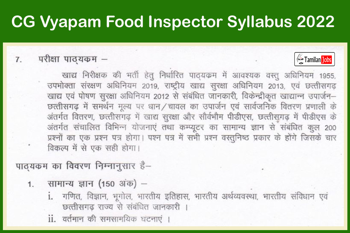 CG Vyapam Food Inspector Syllabus 2022