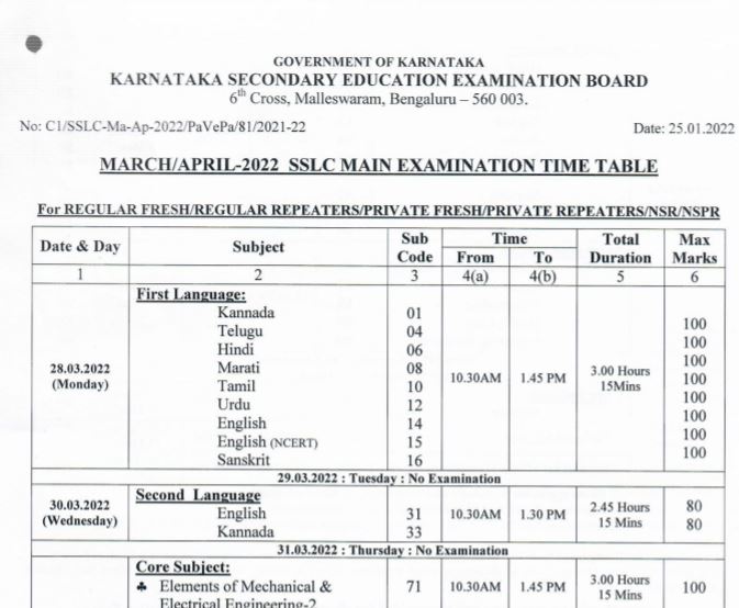 KSEEB SSLC TIME Table 2022