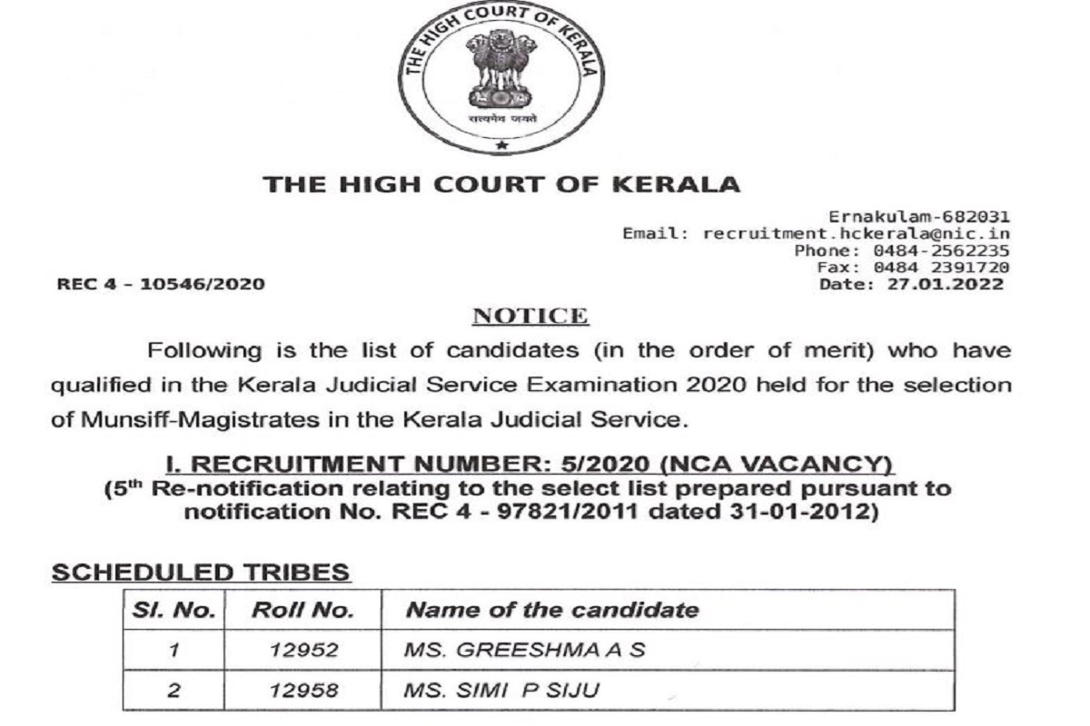 Kerala High Court Judicial Service Mains Result 2021-22