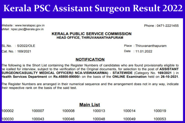 Kerala PSC Assistant Surgeon Result 2022
