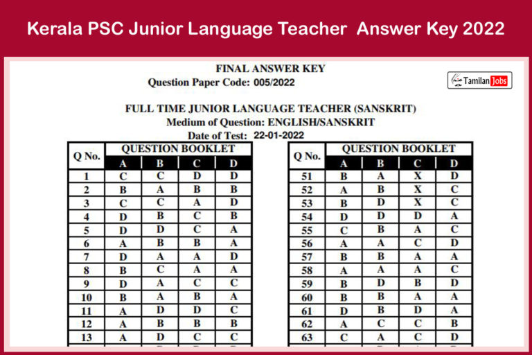 Kerala PSC Junior Language Teacher Answer Key 2022