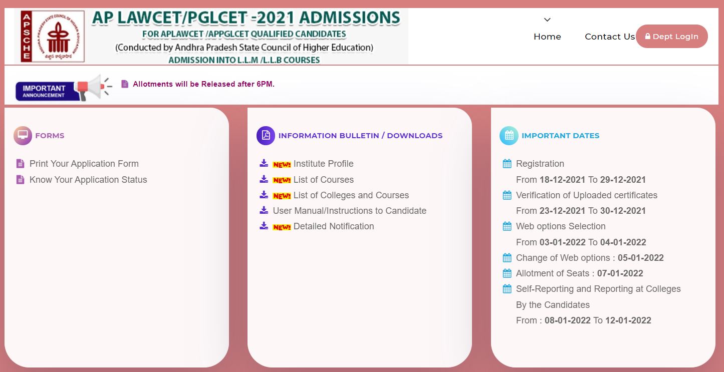 LAWCET Seat Allotment Result 2021