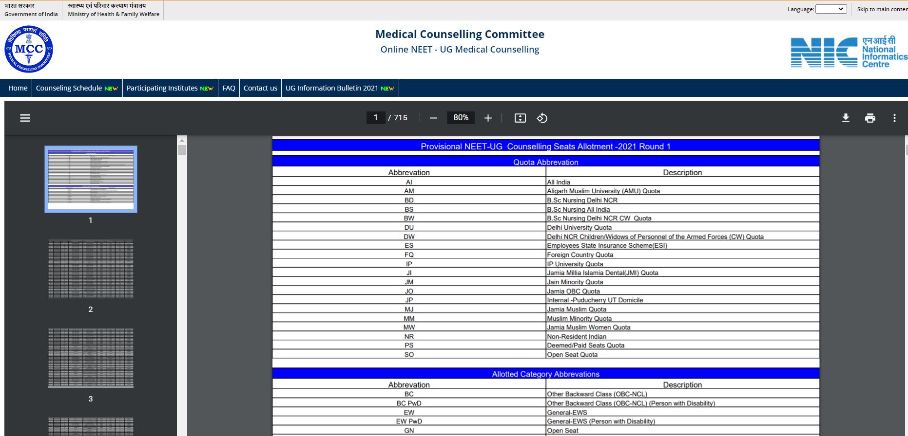 MCC Seat Allotment 2022 Result