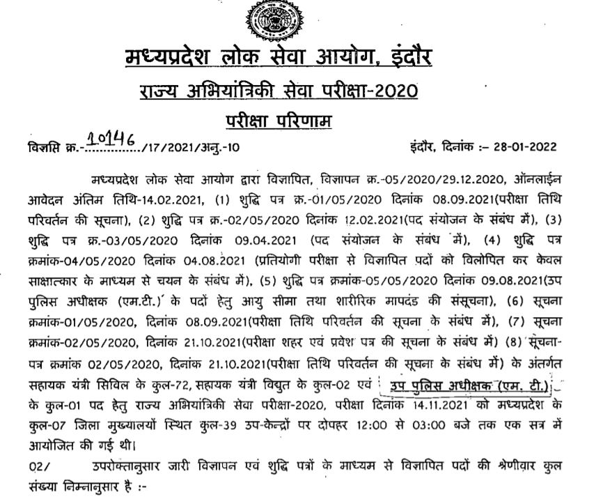 MPPSC State Engineering Service Exam Result 2022
