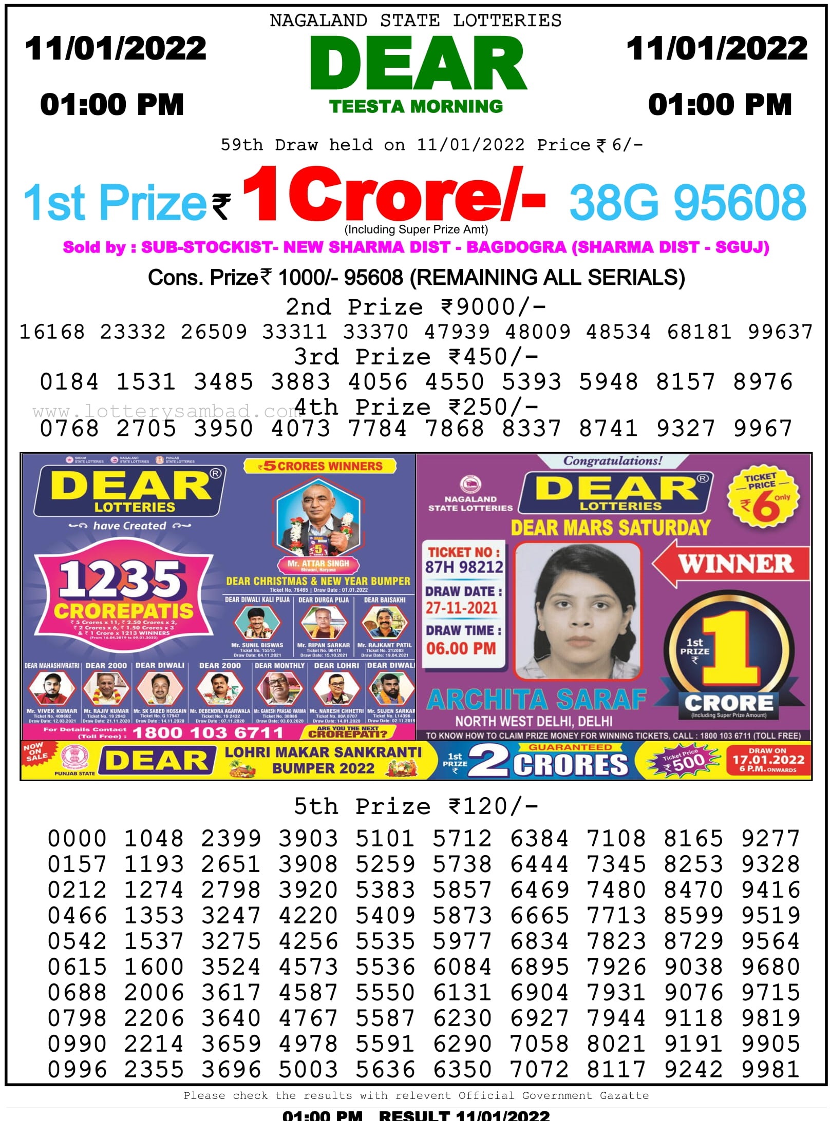Nagaland State Lottery 1 PM Result on 11.1.2022