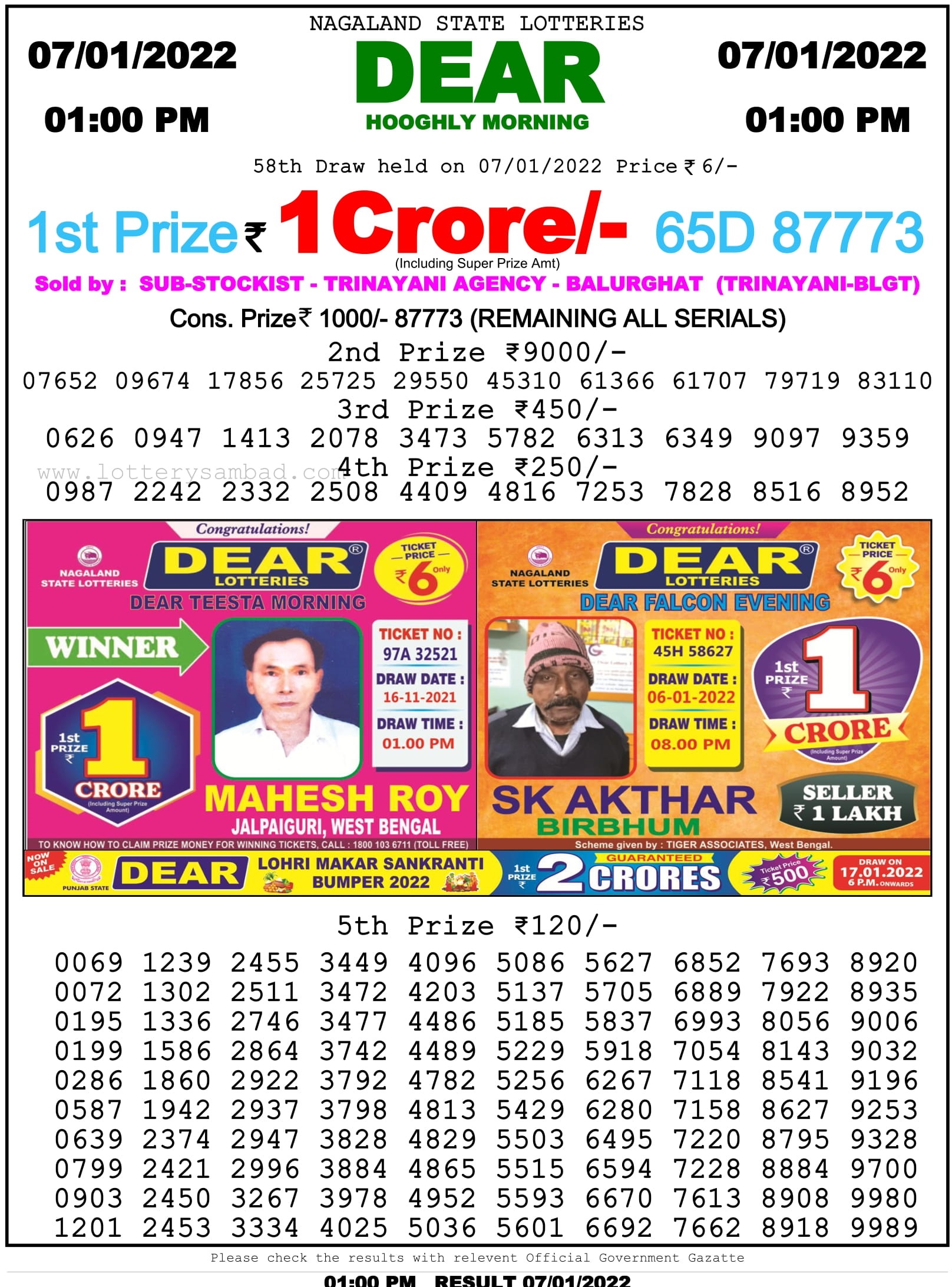 Nagaland State Lottery 1 PM Result on 7.1.2022