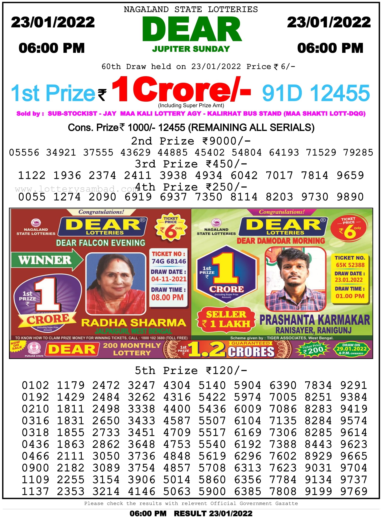 Nagaland State Lottery 6 PM Result on 23.1.2022