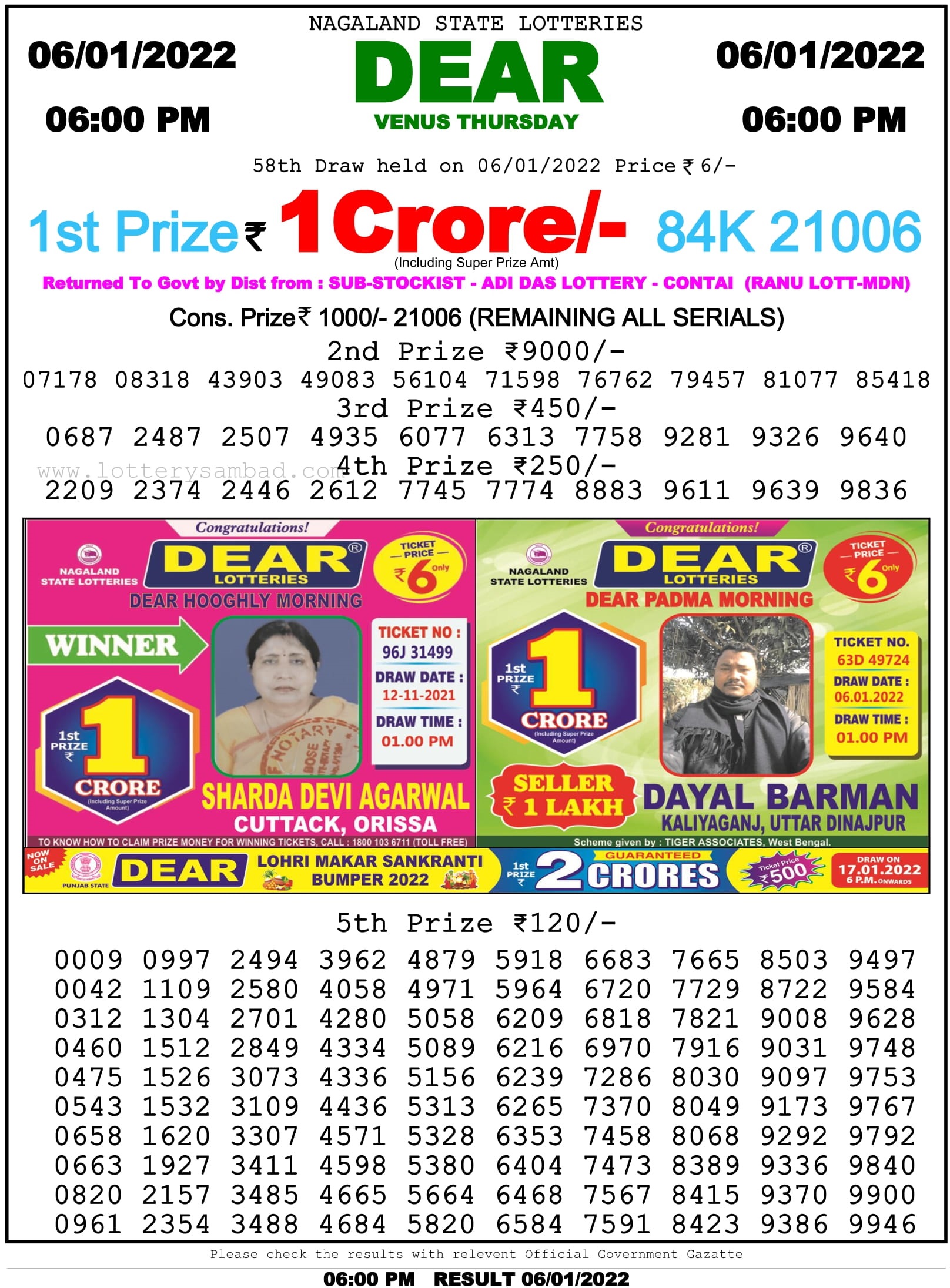 Nagaland State Lottery 6 PM Result on 6 1 2022