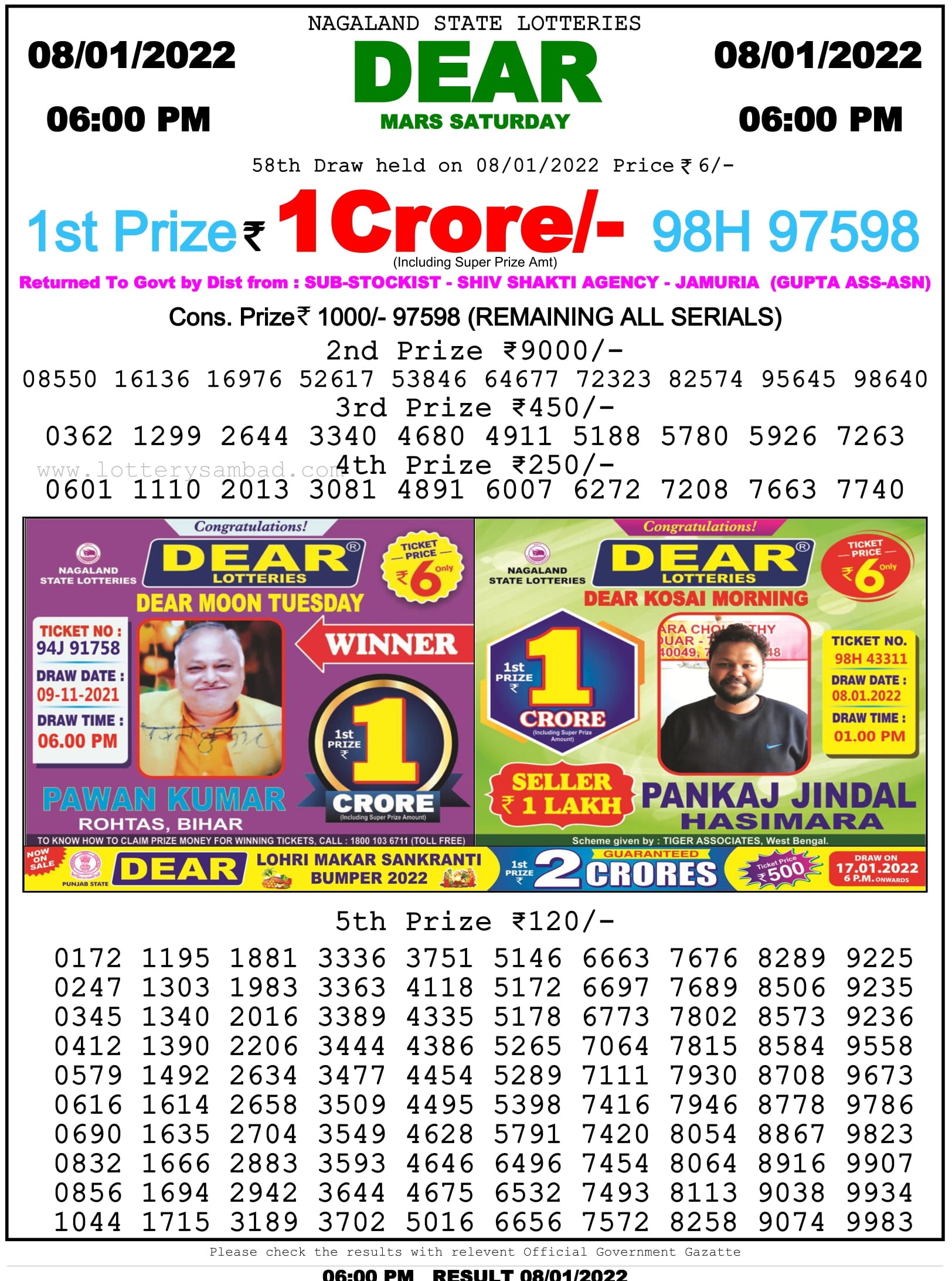Nagaland State Lottery 6 PM Result on 8.1.2022