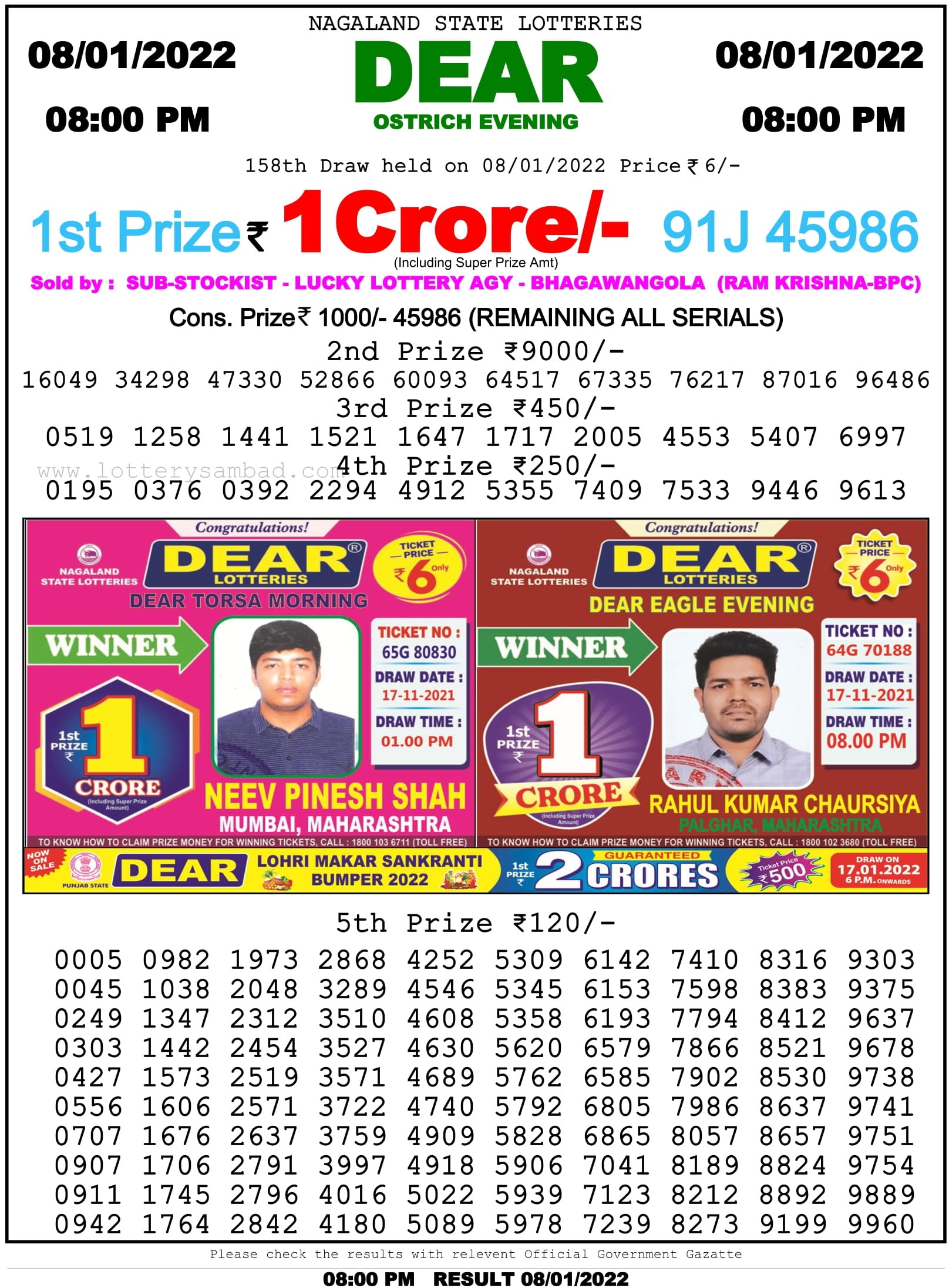 Nagaland State Lottery 8 PM Result on 8.1.2022