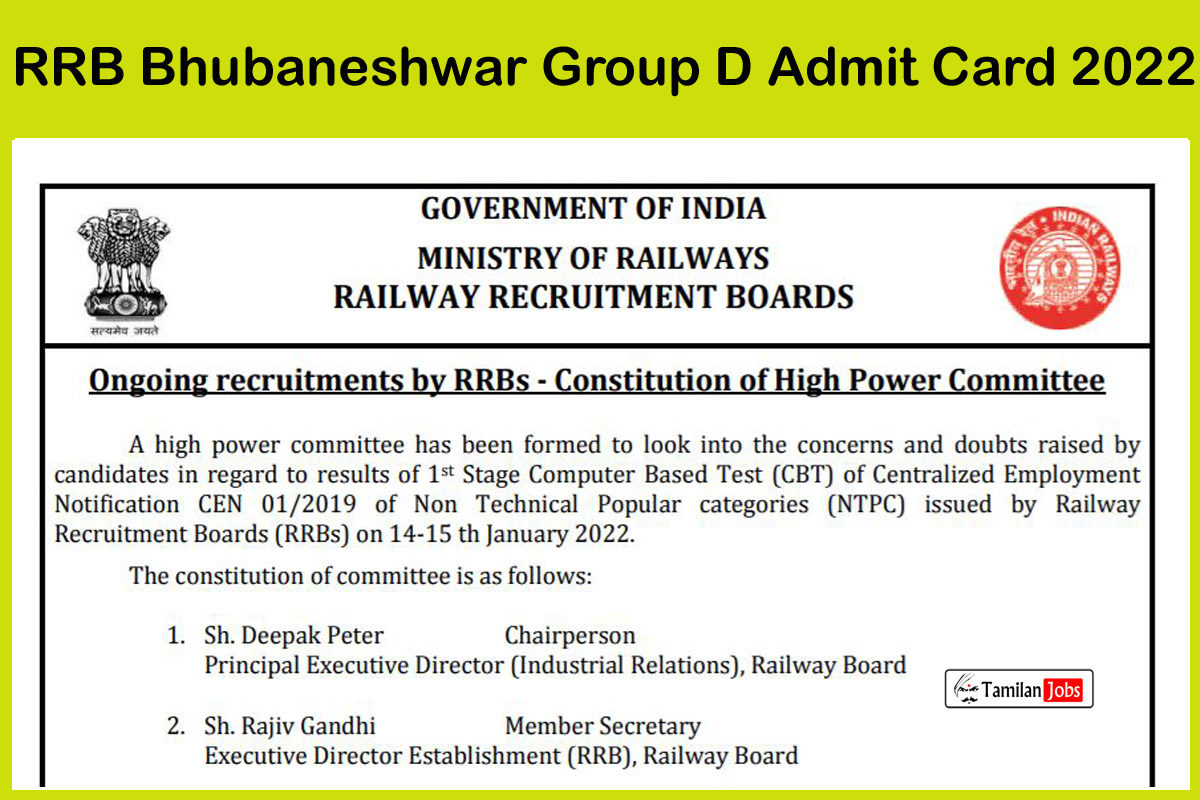  RRB Bhubaneshwar Group D Admit Card 2022