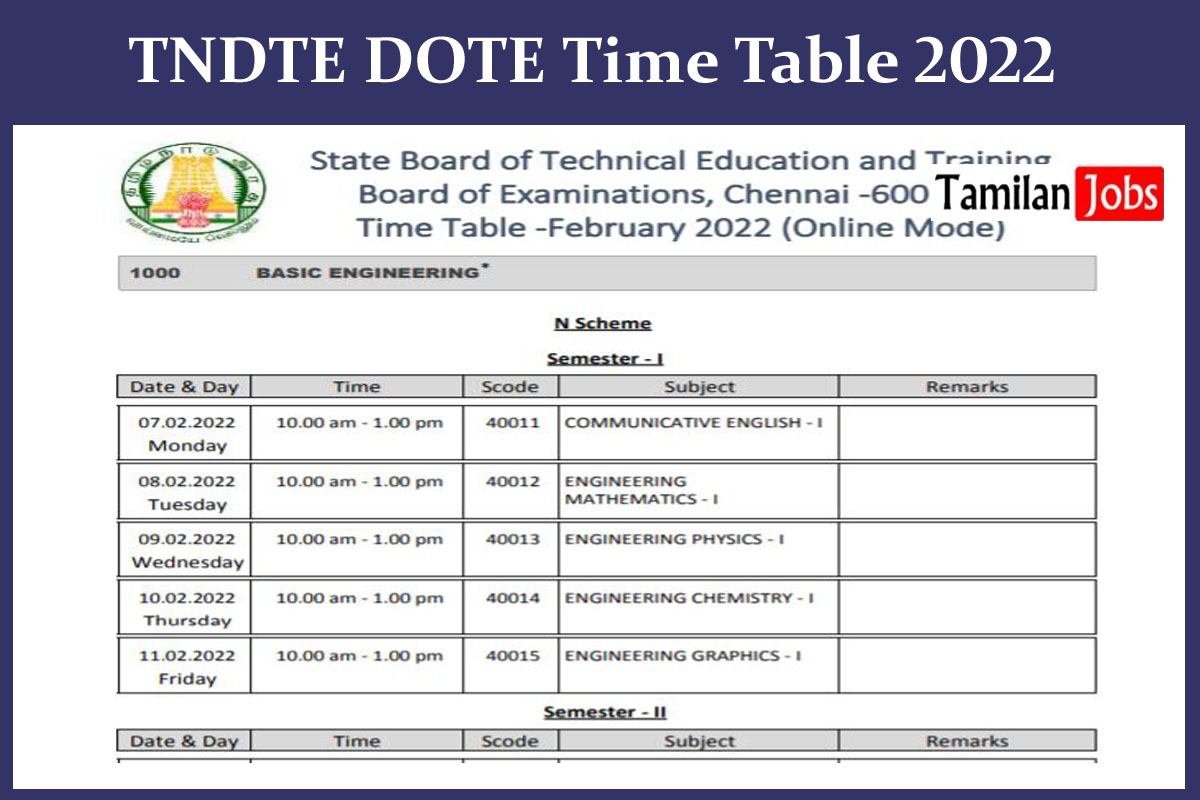 TNDTE DOTE Time Table 2022