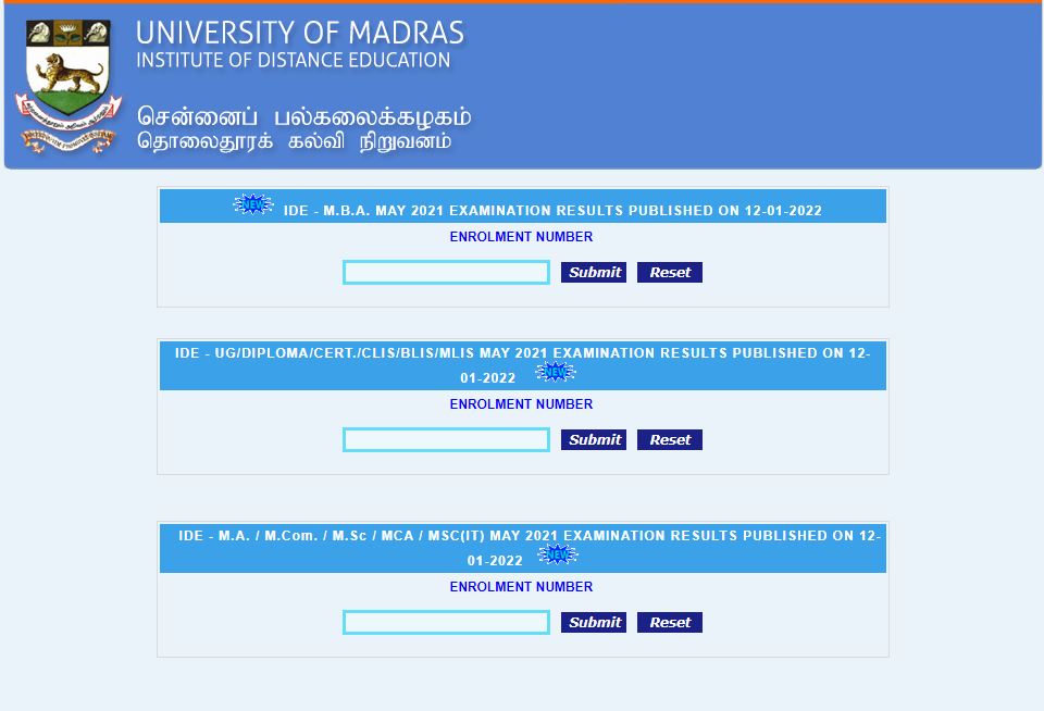 Madras University UG/PG Result 2021