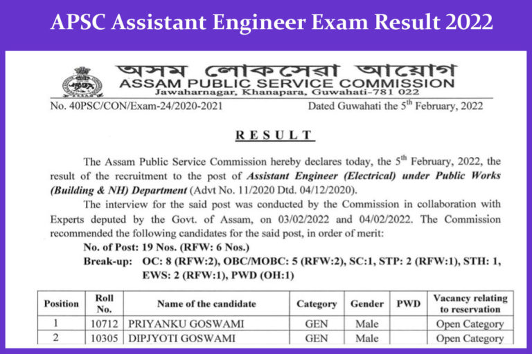 APSC Assistant Engineer Exam Result 2022