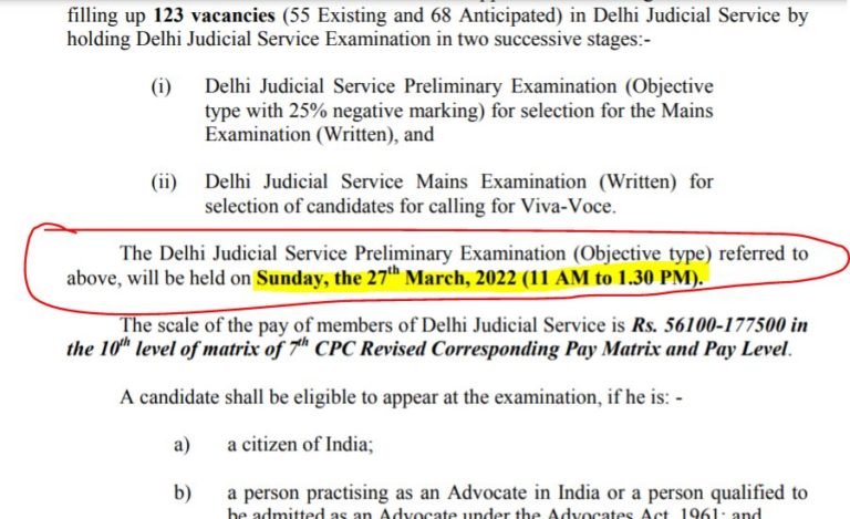 Delhi Court Judicial Service Prelims Exam Date 2022