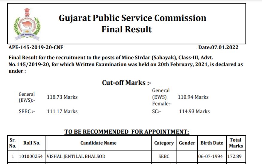 GPSC Mine Sirdar, Class-3 Result 2022