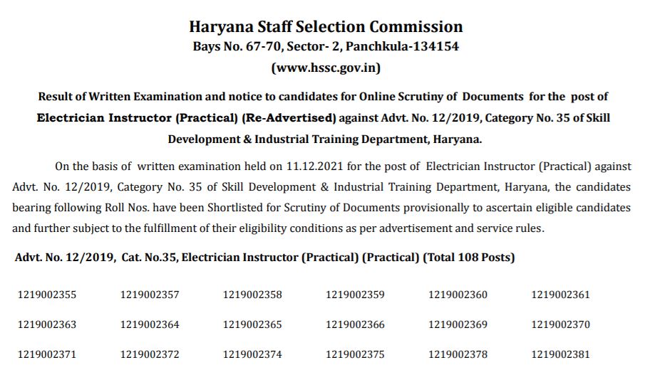 HSSC Instructor Result 2022