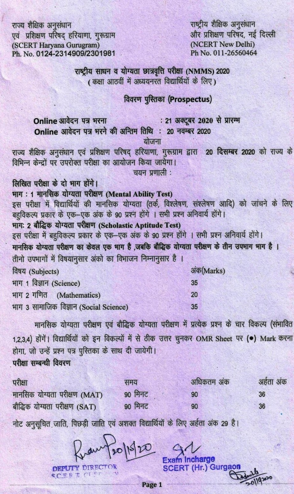 Haryana NMMS Exam Pattern