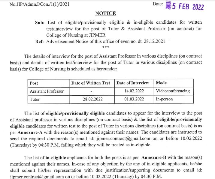 JIPMER Assistant Professor Interview Schedule 2022