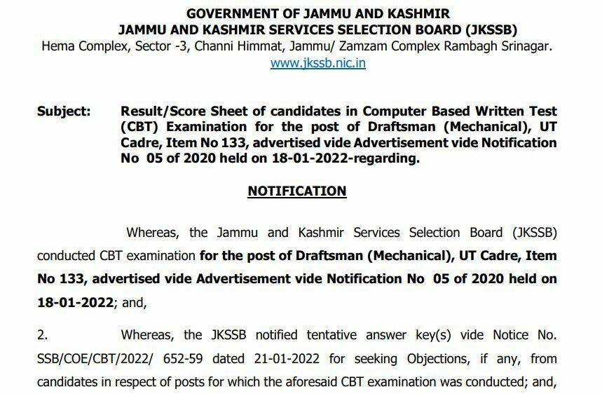 JKSSB Draftsman and UT Cadre Result 2022