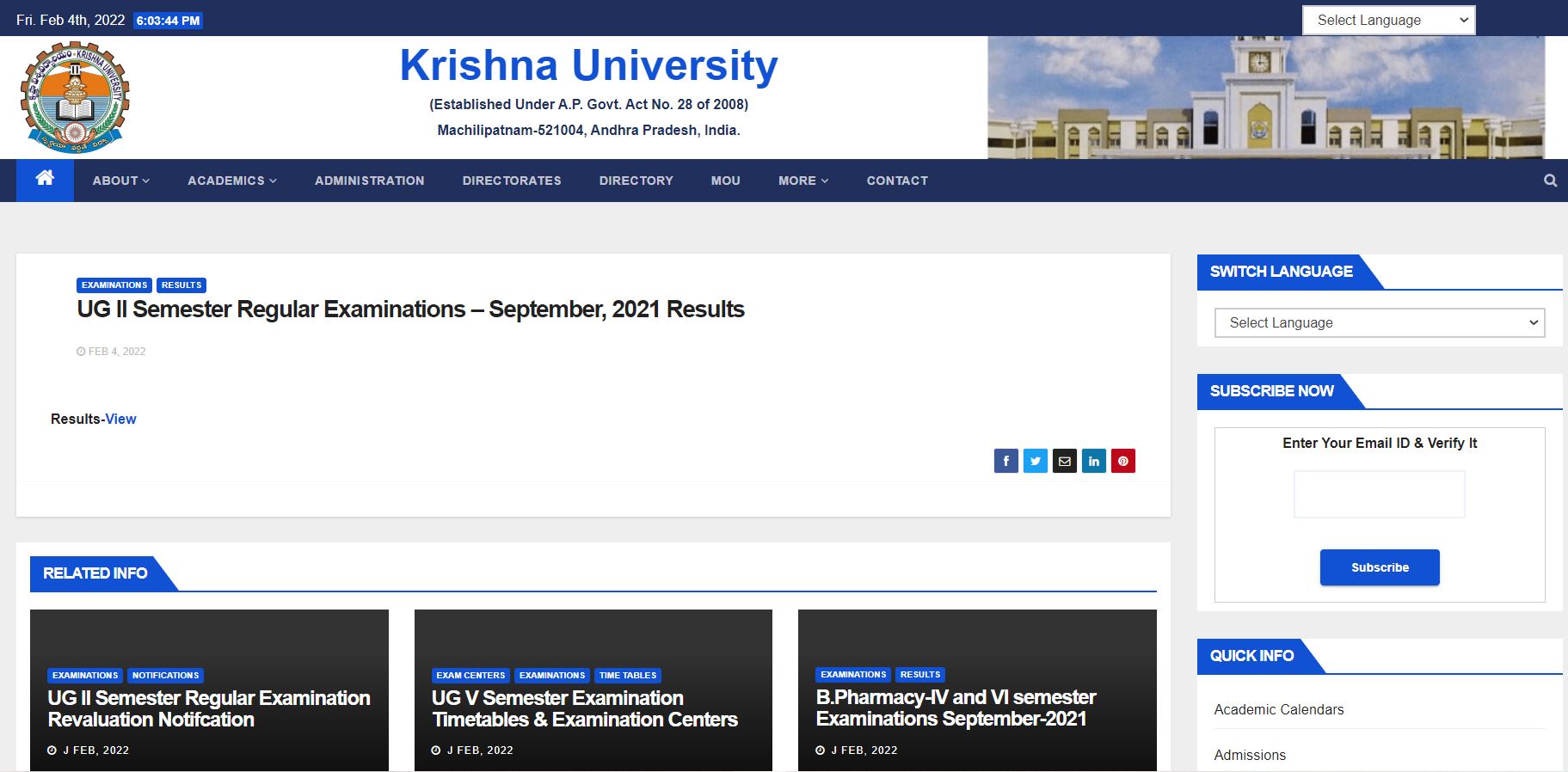 Krishna University 2nd Sem Result 2022