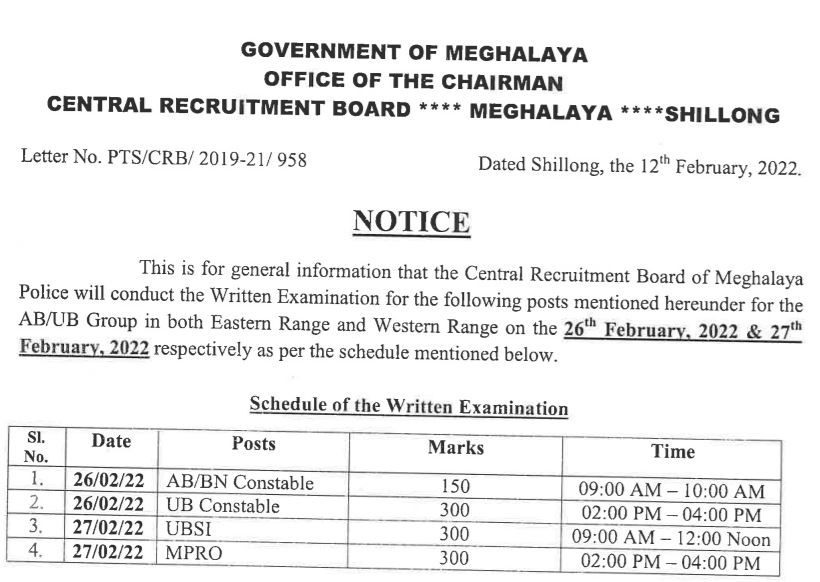 Meghalaya Police Admit Card 2022