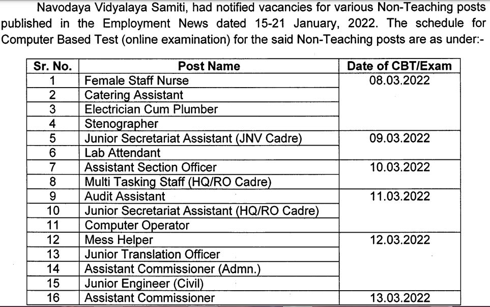 NVS Non Teaching Exam Date 2022