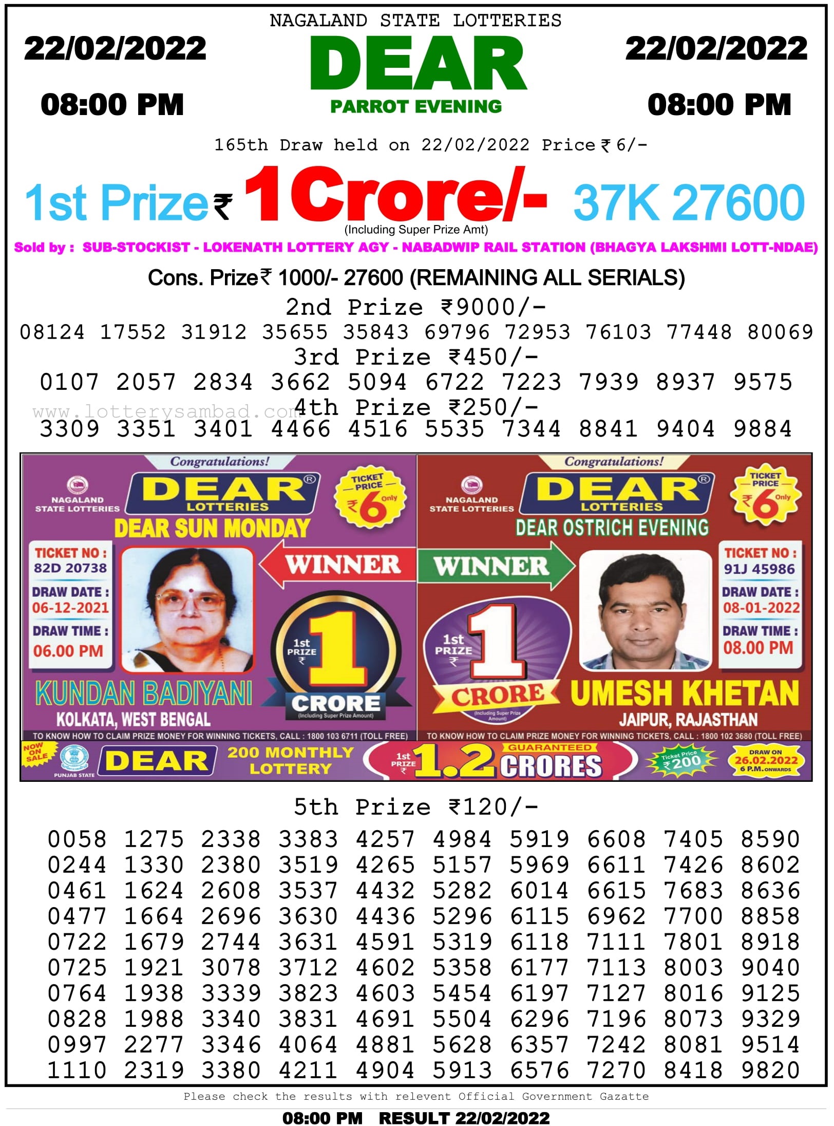 Nagaland State Lottery 8 PM Result on 22.2.2022