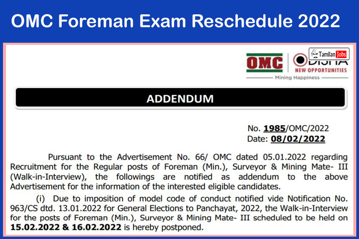 OMC Foreman Exam Reschedule 2022