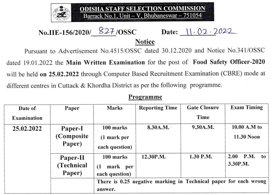 OSSC Food Safety Officer Admit Card 2022