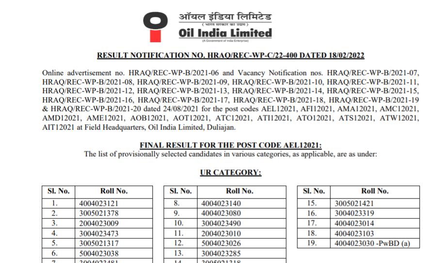 Oil India Grade 3 Final Result 2022