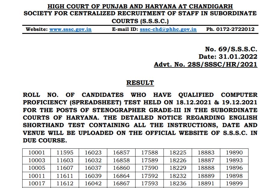 Punjab and Haryana High Court Stenographer Result 2022