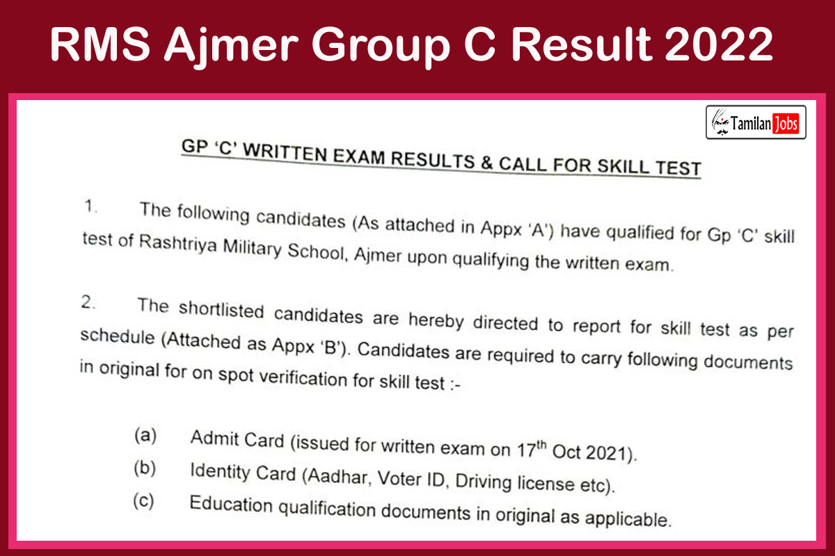 RMS Ajmer Group C Result 2022
