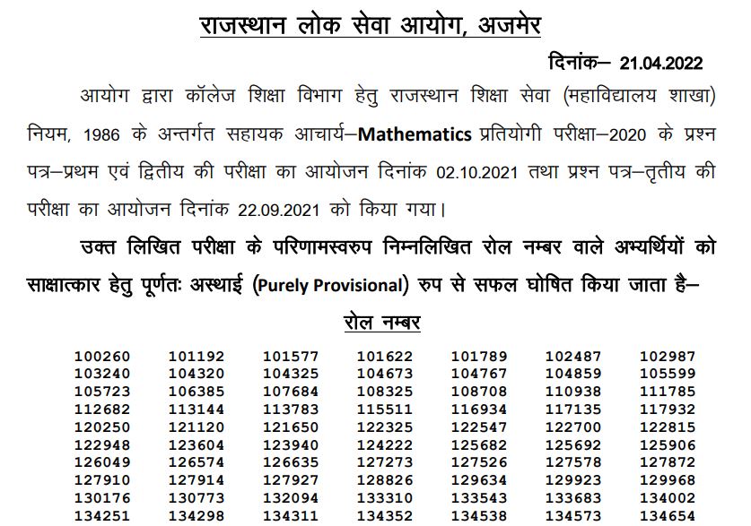 RPSC Assistant Professor Result 2022