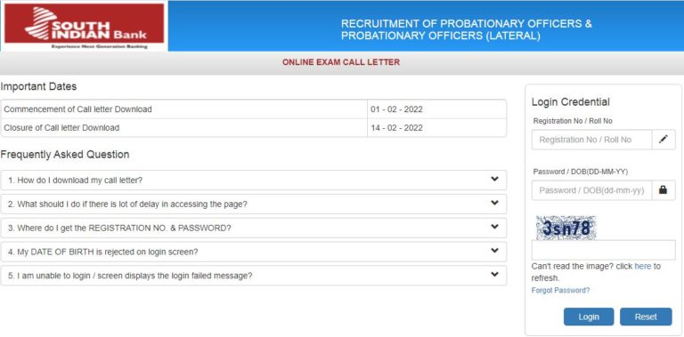 South Indian Bank Admit Card 2022 for PO and Clerk Posts