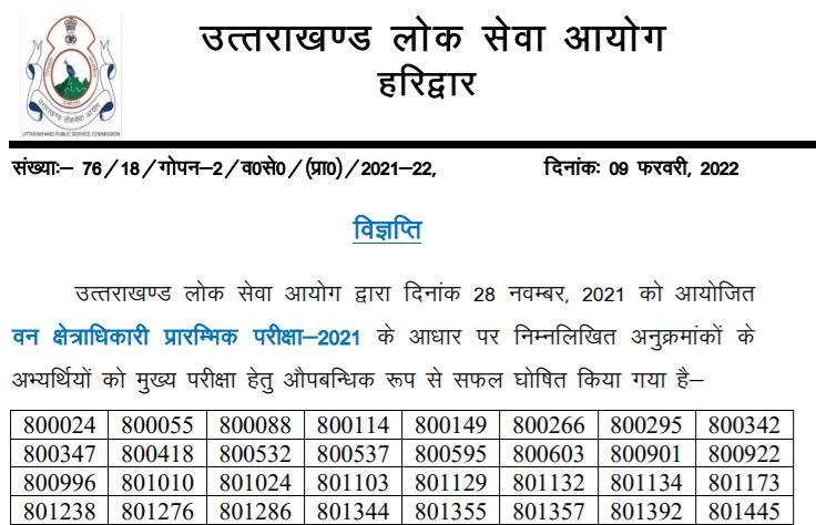 Uttarakhand PSC Forest Range Officer Result 2022