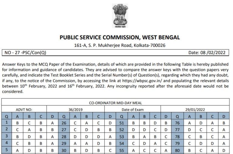WBPSC Coordinator Mid-Day Meal Answer Key 2022 PDF