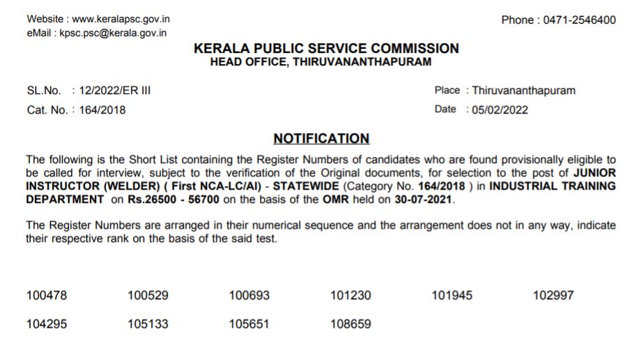 Kerala PSC Work Superintendent Result