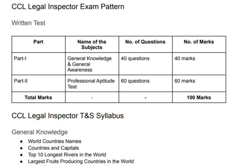 CCL Legal Inspector Syllabus 2022 & Exam Pattern PDF