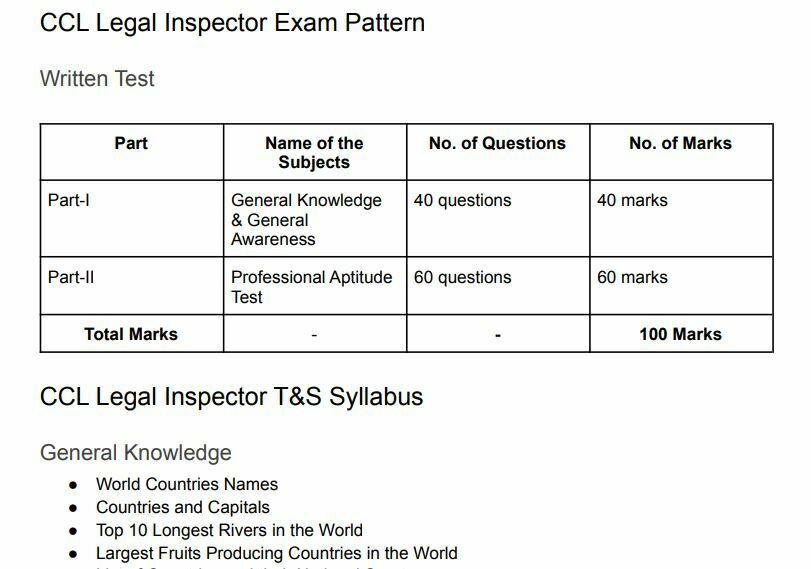  CCL Legal Inspector Syllabus 2022 & Exam Pattern PDF