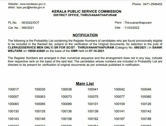 Kerala PSC Clerk Result 2022