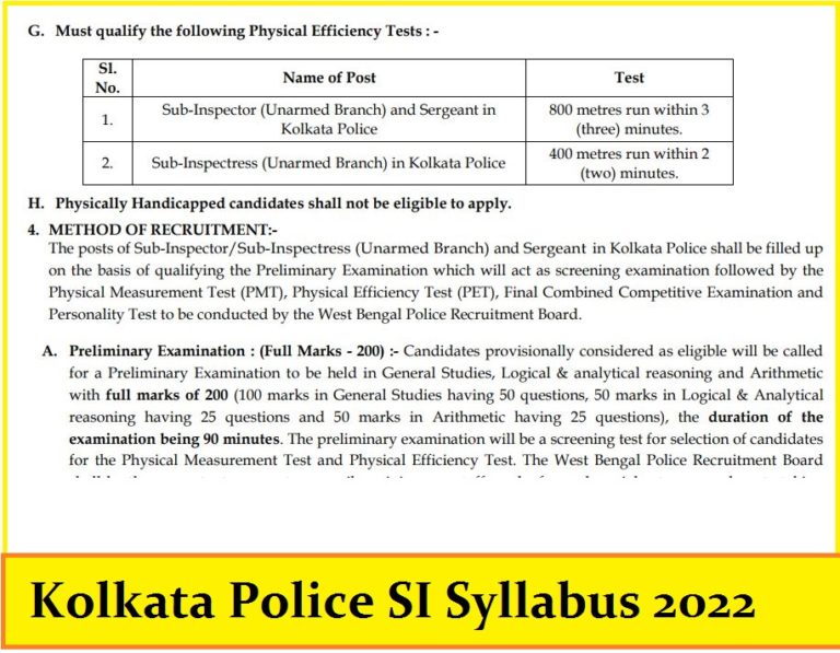 Kolkata Police SI Syllabus 2022 & Exam Pattern @prb.wb.gov.in